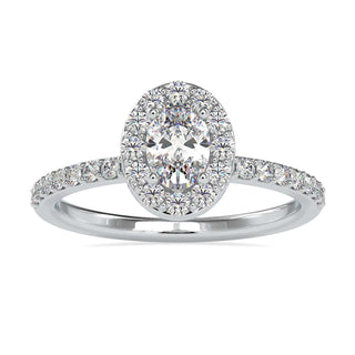 Halo oval ring engagement featuring a 2 carat Lab Grown Diamond and a four prong setting.