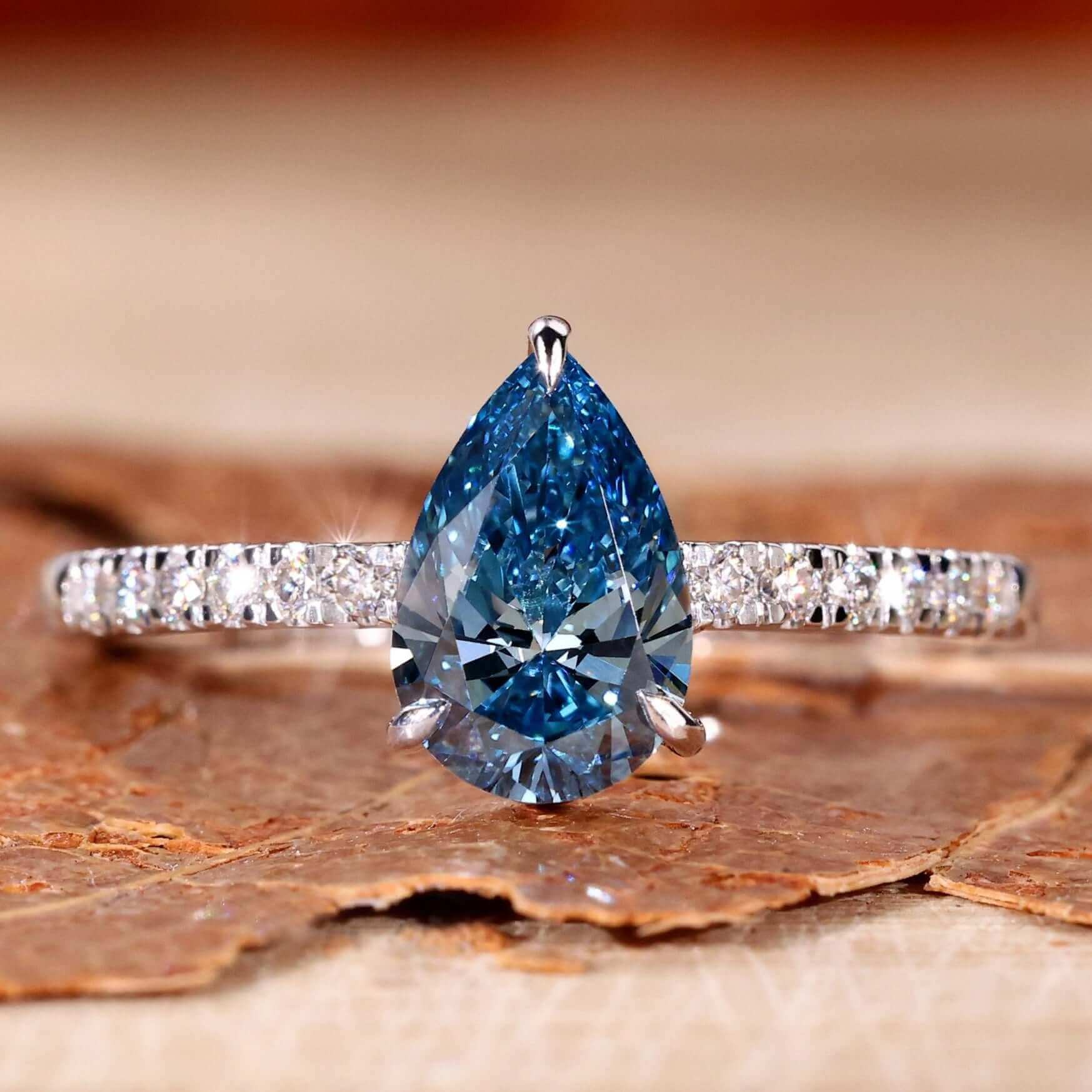 Fancy Blue Pear Cut Lab Grown Diamond Pave Engagement Ring