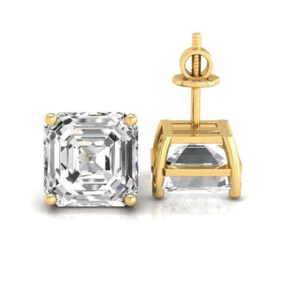 Elegant asscher cut diamond earrings in a four prong basket setting, perfect for formal events.