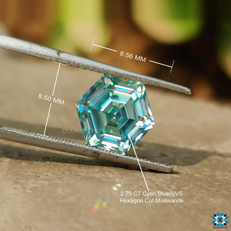 Loose moissanite shown in hexagon shape.
