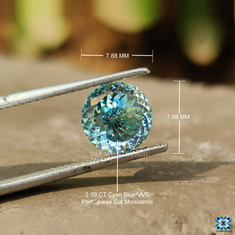 Moissanite loose stone displayed in round Portuguese style.