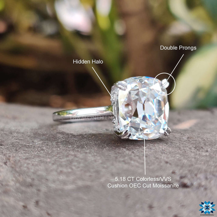 Hidden halo moissanite engagement ring for a modern touch.