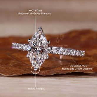 IGI Certified 1.0 CT Marquise Cut Lab Grown Diamond Pave Engagement Ring