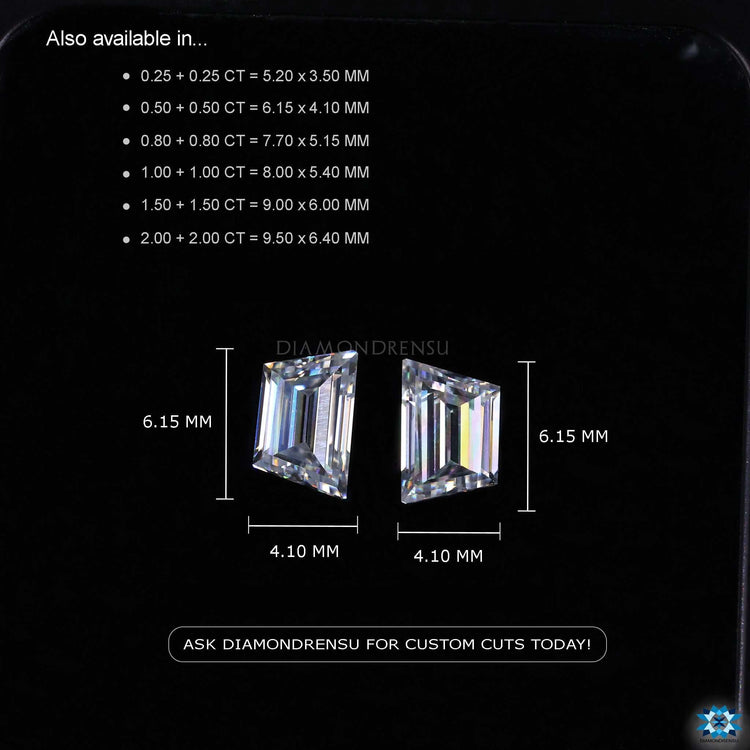 Loose moissanite sold in 0.50 to 4.0 TCW under trapezoid cut collection.