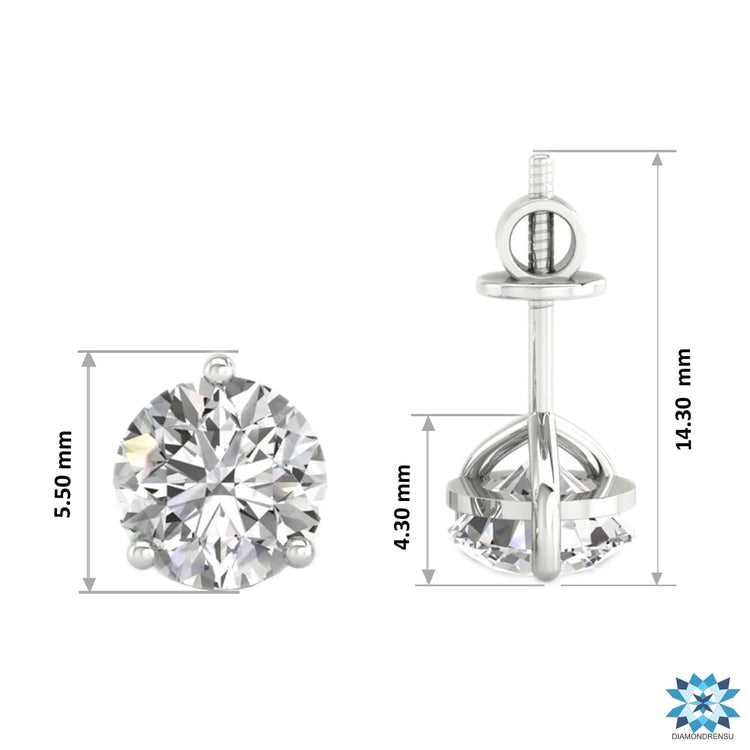 Sophisticated round diamond stud earrings in a 3 prong martini setting for secure wear.