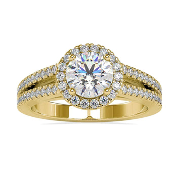 Split shank engagement ring featuring a Lab Grown Diamond and a four prong ring setting.