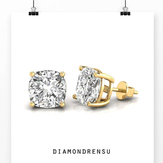 Classic cushion diamond earrings with IGI certified diamonds, perfect for a modern look.