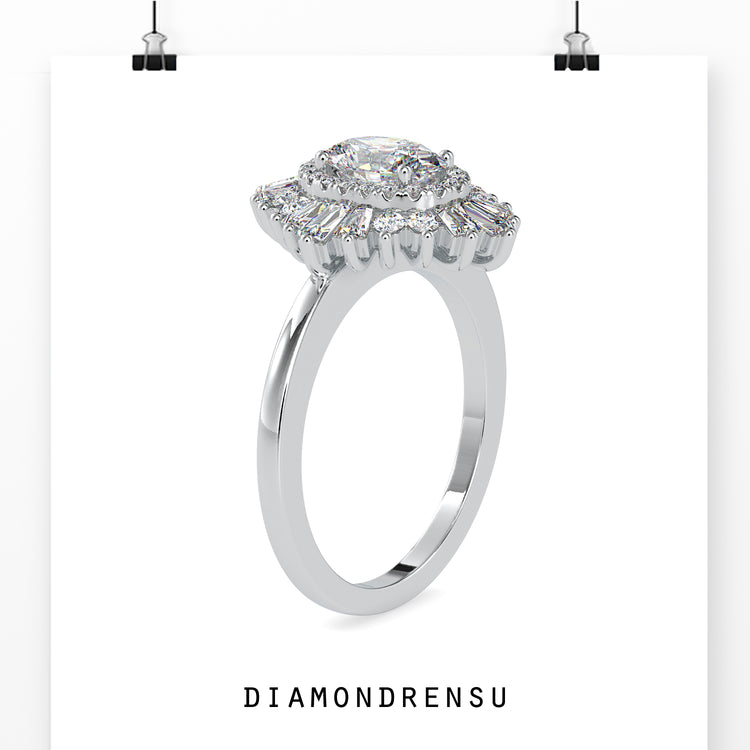 Oval diamond engagement ring with a vintage-inspired cluster setting.