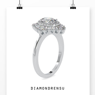 Oval diamond engagement ring with a vintage-inspired cluster setting.