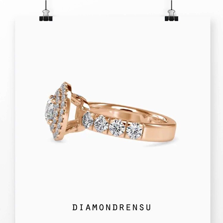 Lab grown diamond engagement ring in a double halo design