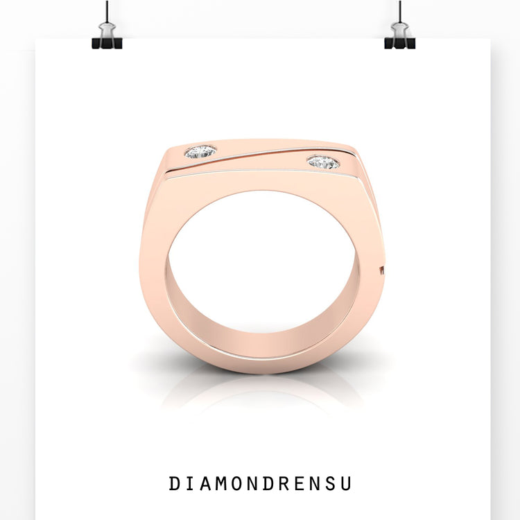 Elegant mens wedding band with two stones and gold design.