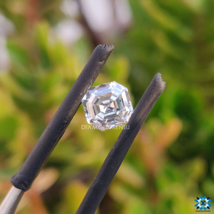 0.81 carat Asscher cut offered in off white asscher and moissanite loose stone.