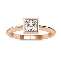 Elegant bezel set engagement ring featuring a princess cut diamond.