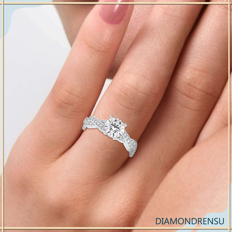 Beautiful pave twist ring crafted with a basket setting for added elegance.