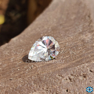 5.43 carat colorless moissanite loose stone with clean pear shaped cut.