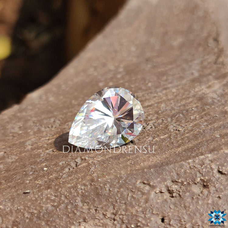 5.43 carat colorless moissanite loose stone with clean pear shaped cut.