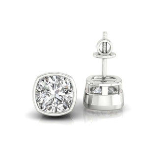Exquisite cushion diamond earrings crafted with a bezel setting for secure and stylish wear.