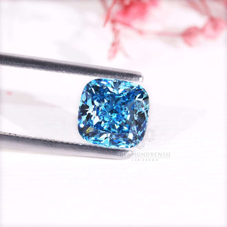 Cushion cut diamond shown in fancy blue 2.7 carat lab grown style.