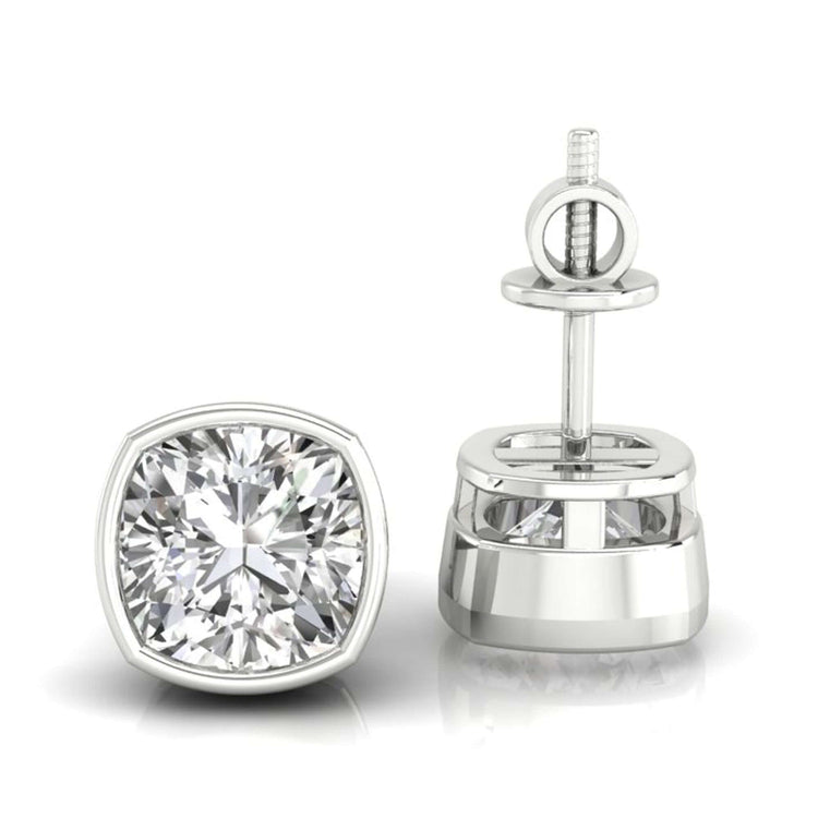 Cushion cut diamond earrings with a bezel setting, perfect for a timeless look.
