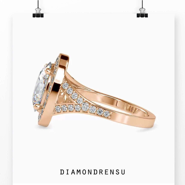 4 prong diamond ring with oval cut diamond and pave ring setting