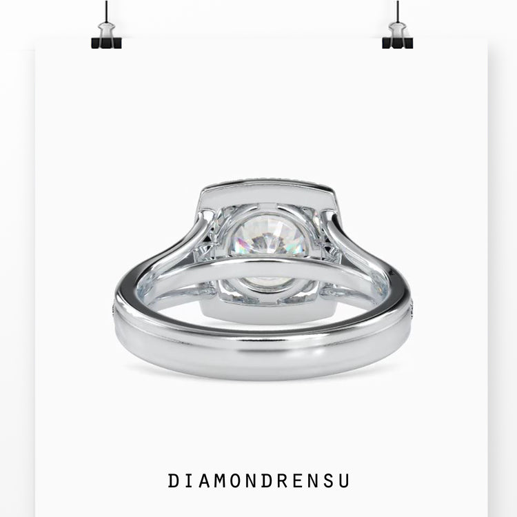 Halo diamond engagement ring with a beautiful split shank design.