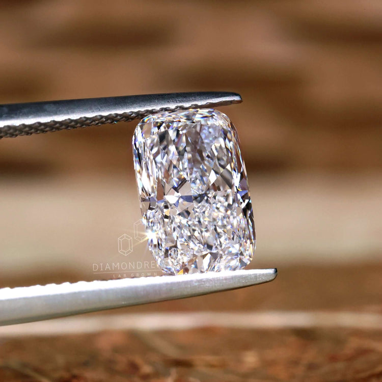 The elongated cushion cut lab diamond offers 2 carat weight and certified quality.