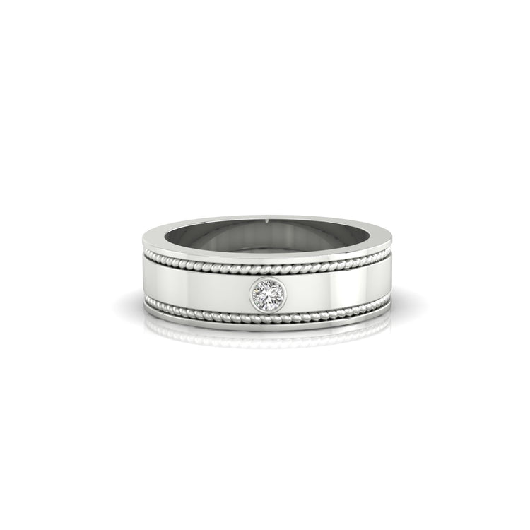 Round diamond band men’s wedding ring with polished finish.