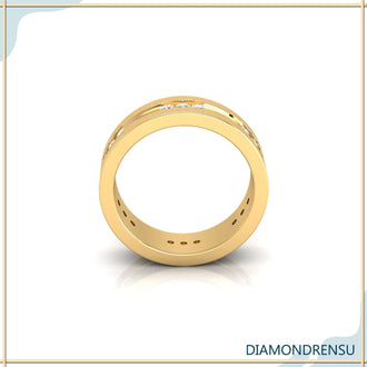 Etched channel band for men with intricate detailing.