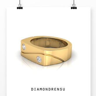 Lab grown diamond mens wedding band in yellow gold setting.