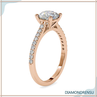 Cathedral style engagement ring with a four prong ring setting and Lab Grown Diamond.