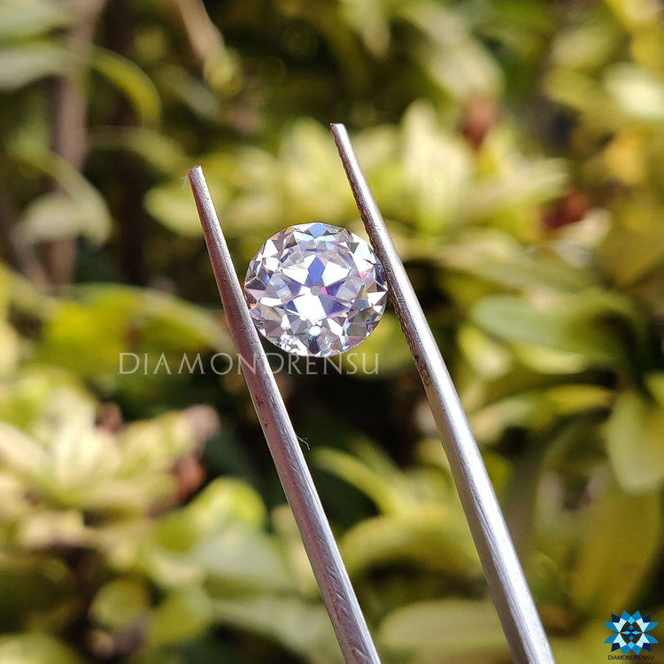 Colorless moissanite in old European cut available as a loose stone for custom jewelry.