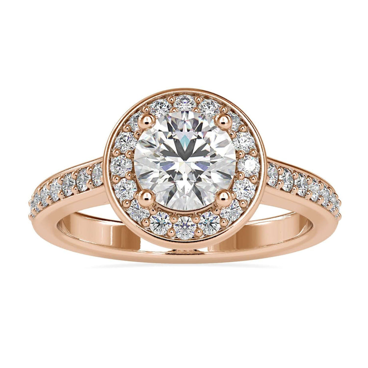 Elegant round halo engagement ring featuring a lab grown diamond for extra sparkle.