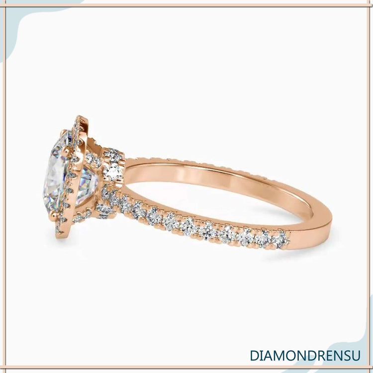 Lab grown diamond engagement ring featuring a stunning cushion halo.