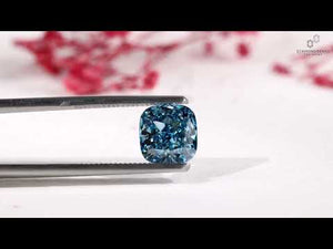 This cushion cut diamond in blue is lab grown and sold loose.