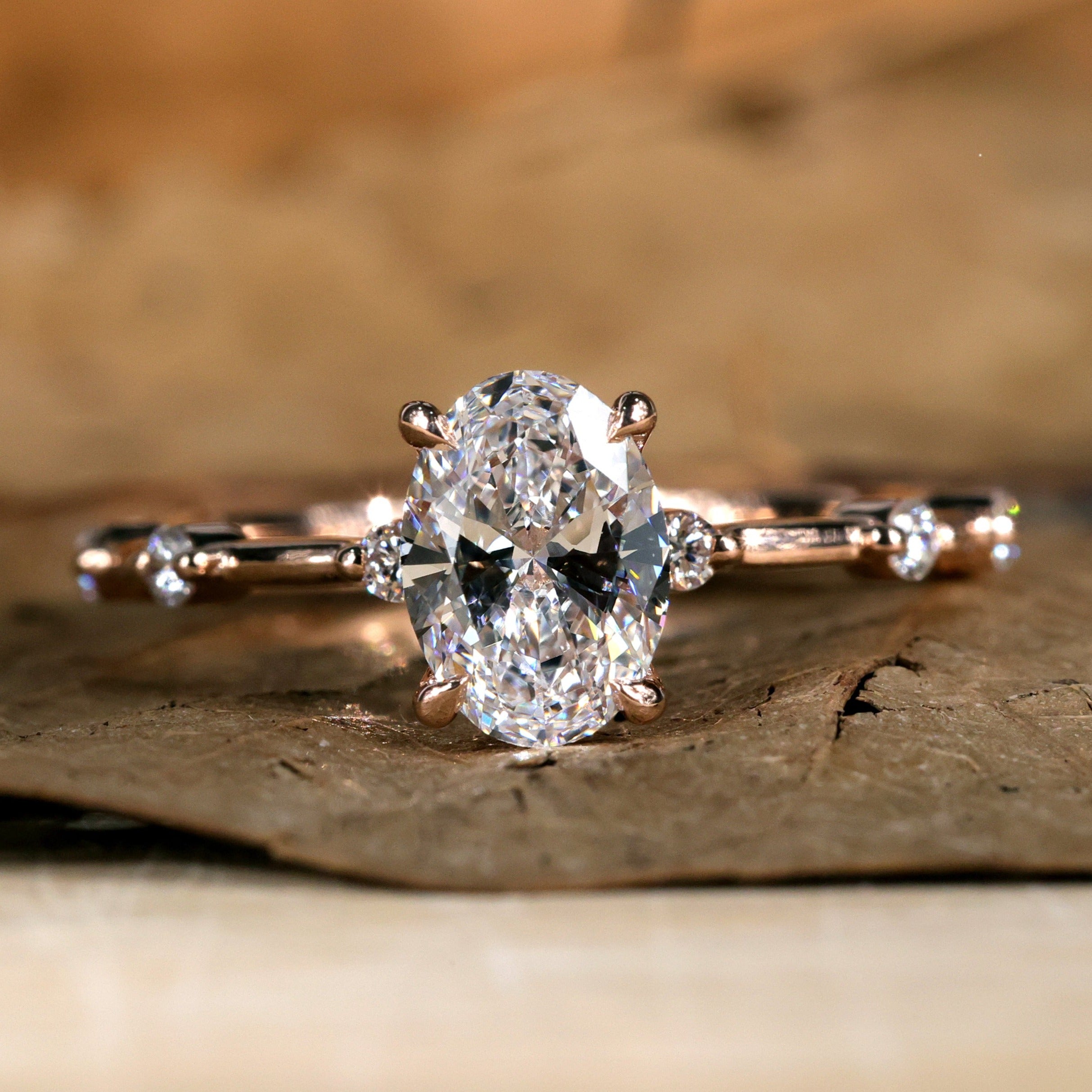 Oval Solitaire Engagement Ring Lab Diamond Rose Gold Pave Ring