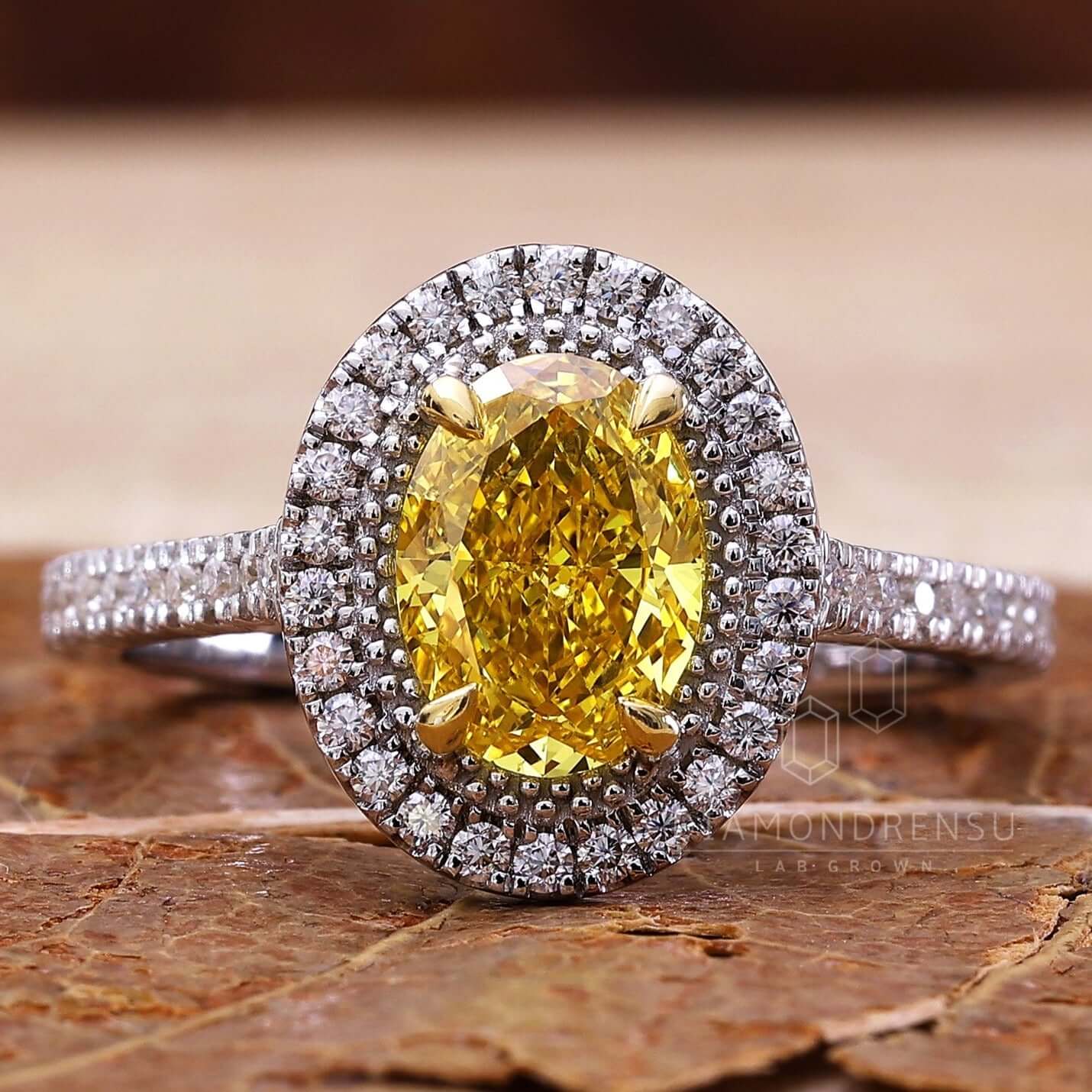 Rare 1.01 CT Oval Cut Fancy Yellow Lab Grown Diamond Halo Engagement Ring