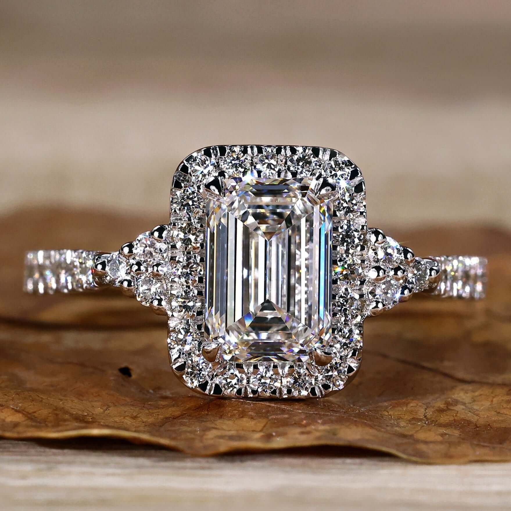 Emerald Cut Lab Grown Diamond Halo Engagement Ring