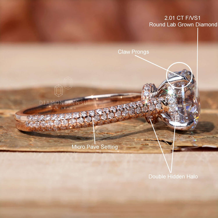 Diamondrensu engagement ring with double hidden halo design.