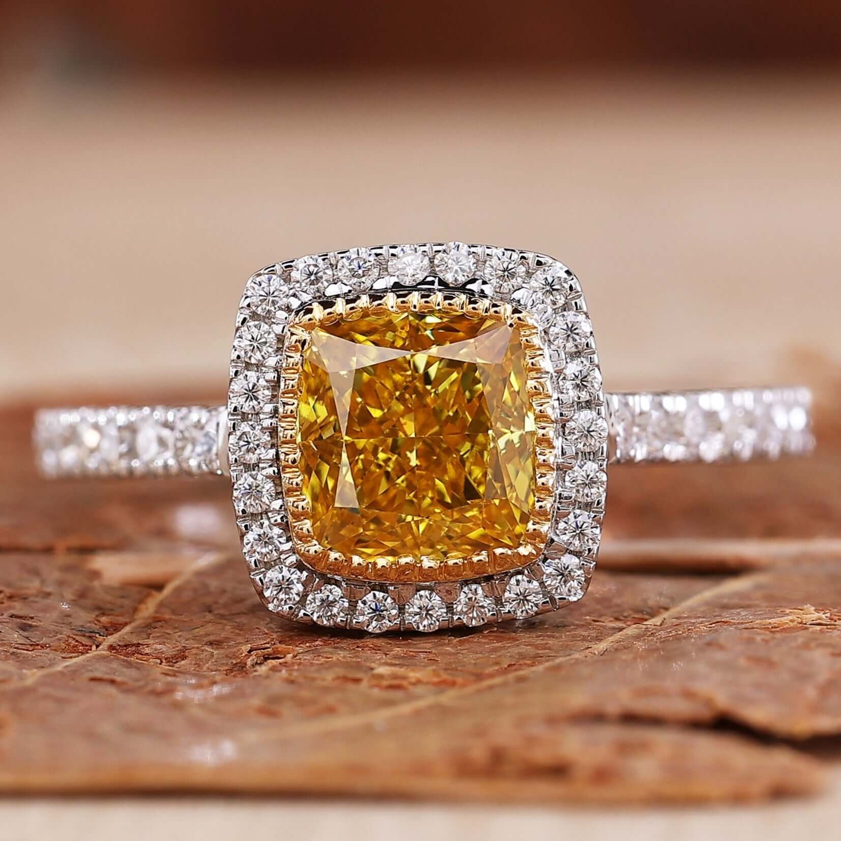 Cushion Cut Yellow Lab Grown Diamond Halo Engagement Ring