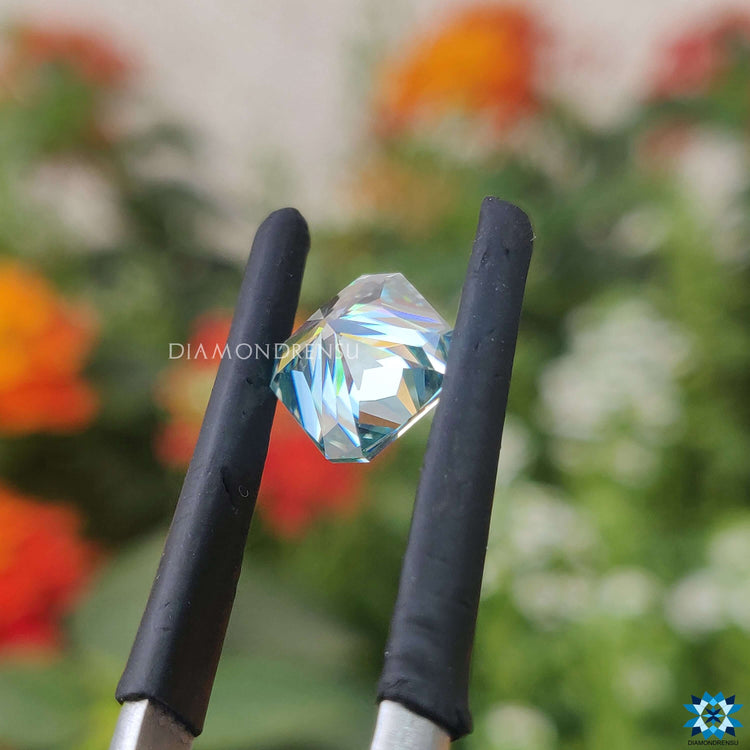 Radiant cut featured in 1.65 carat moissanite and cyan blue radiant cut styles.