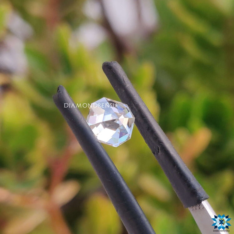 Asscher cut featured in off white moissanite and 0.81 carat moissanite options.