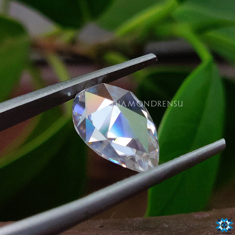 Pear Rose Cut moissanite used in a custom ring design with 2.59 carat moissanite from diamondrensu moissanite.