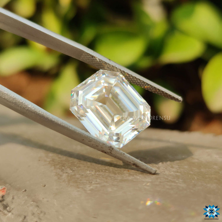 Unique Emerald Moissanite shown as a single loose stone.