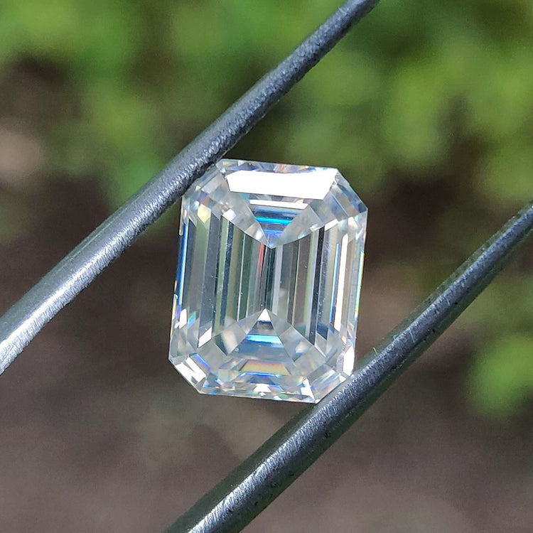 Moissanite emerald cut shining with moissanite stone brilliance.