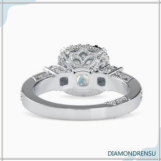 1 carat round diamond ring with a radiant halo setting.