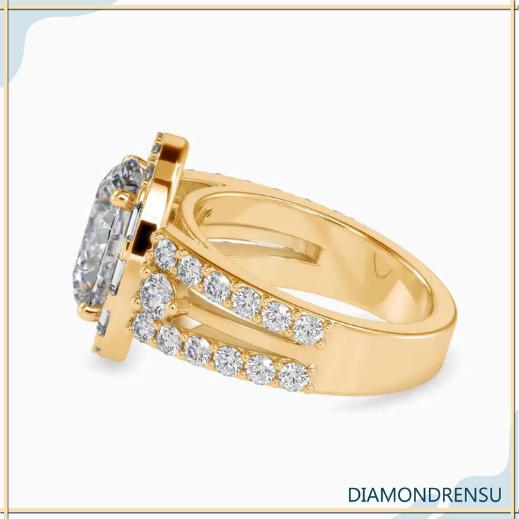 IGI certified oval halo engagement ring with lab grown diamond.