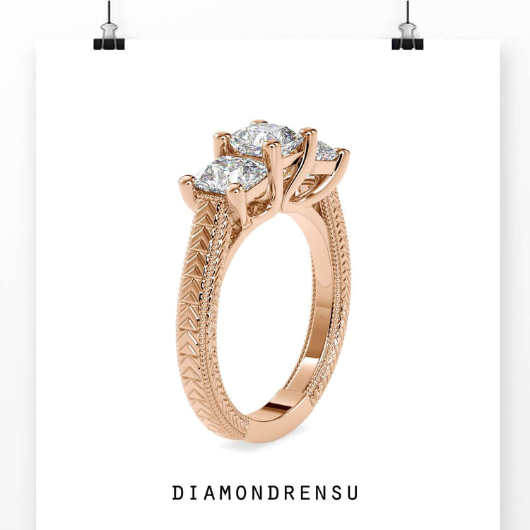 Trellis setting three stone diamond engagement ring in white gold.