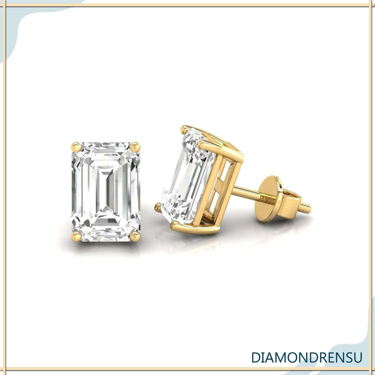 Beautiful emerald cut diamond earring in a simple design, crafted with Lab Grown Diamond.