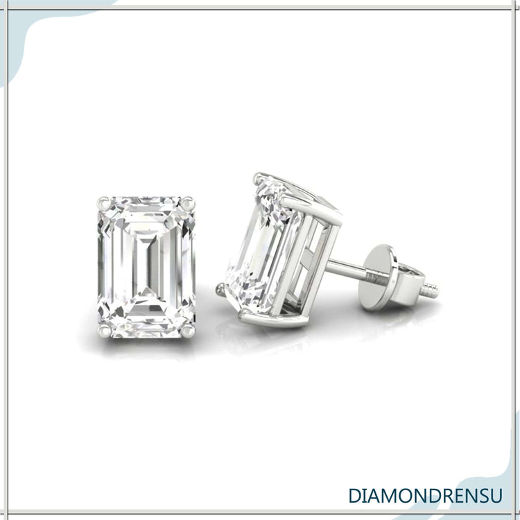 Emerald and diamond earrings with a stunning emerald cut design, perfect for formal occasions.