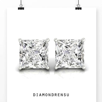 Radiant diamond stud earrings crafted in a 4 prong setting, offering a secure and elegant fit.